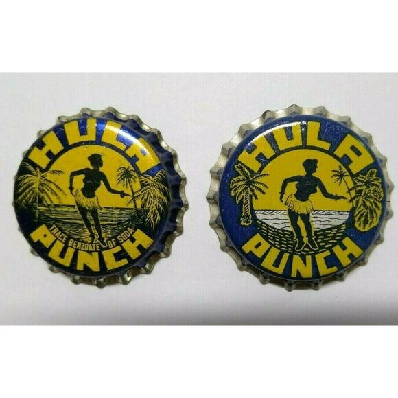 Hula Girl Vintage Bottle Caps Set of 2 Different Punch Soda Hawaiian Ocean - Picture 1 of 6